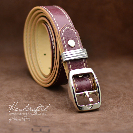 Handmade Burgundy Leather Belt with Stainless Steel Stud