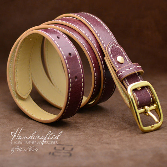Handcrafted Burgundy Leather Belt with Brass Buckle and Leather Stud