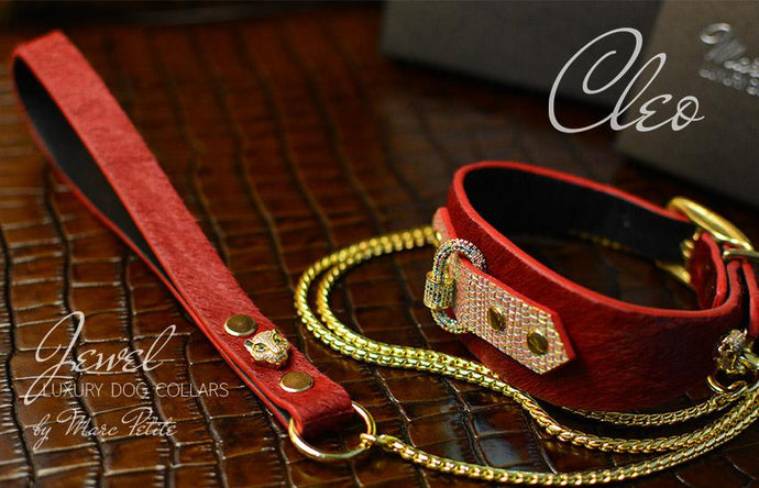 Jewelled Luxury Dog Collar with Leash in red Fur leather & Gold Panther