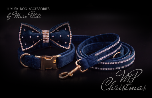 MP Christmas Blue Dog Collar, Bow Tie & Leash