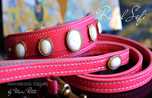 Royal Dog Collar & Leash in Pink Leather & Nacar 