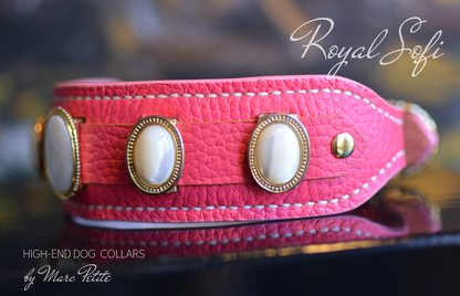 Royal Dog Collar & Leash in Pink Leather & Nacar 