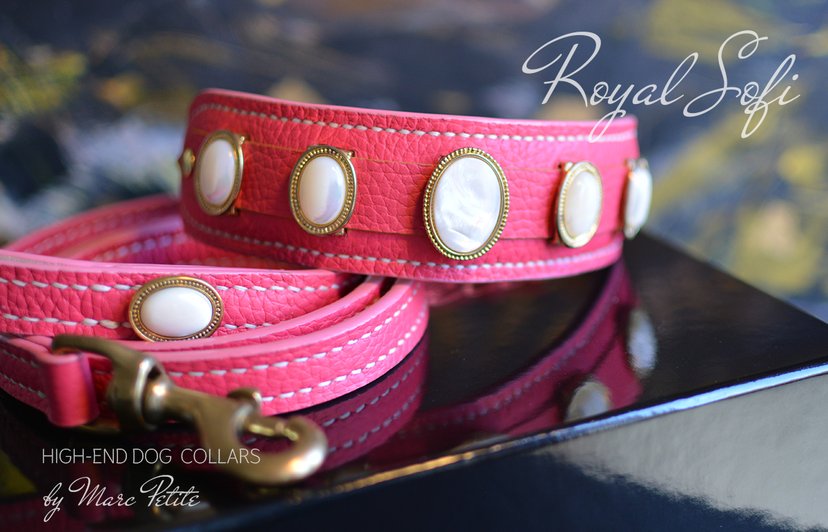 Royal Dog Collar & Leash in Pink Leather & Nacar 