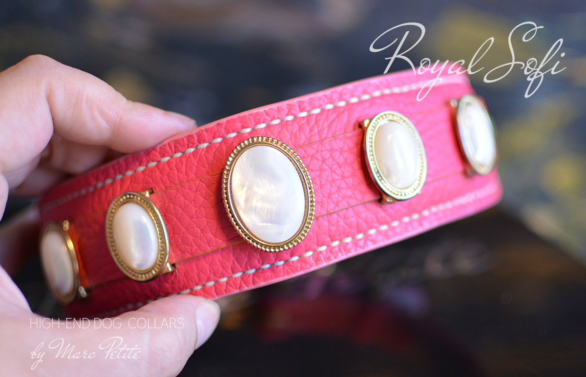 Royal Dog Collar & Leash in Pink Leather & Nacar 