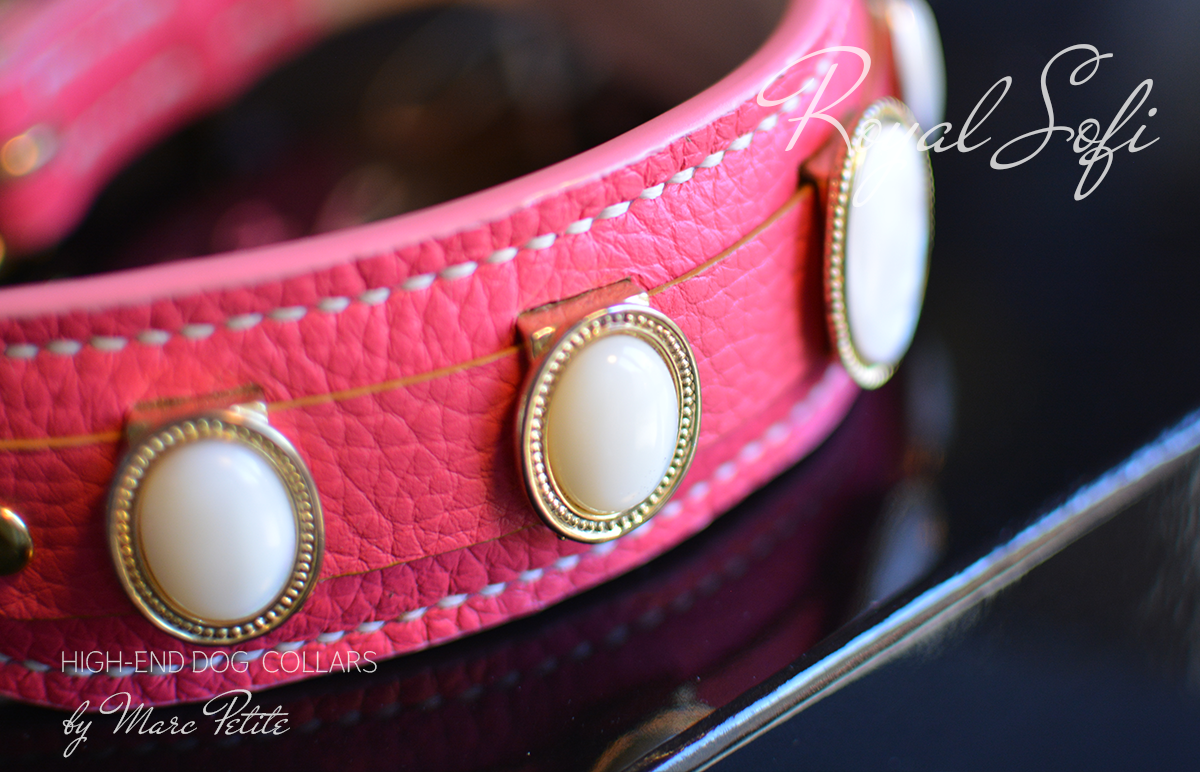 Royal Dog Collar & Leash in Pink Leather & Nacar 