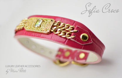 Pink, Roayl style Dog Collar & Leash in Croco leather