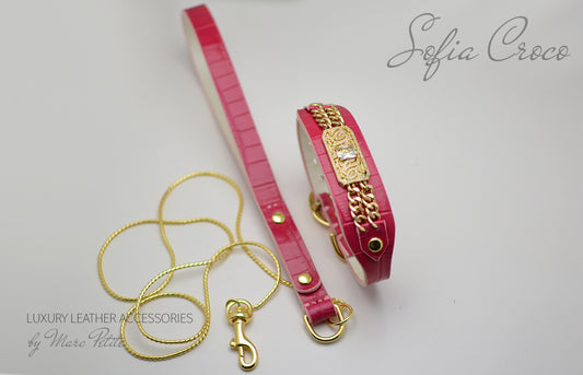 Pink, Roayl style Dog Collar & Leash in Croco leather
