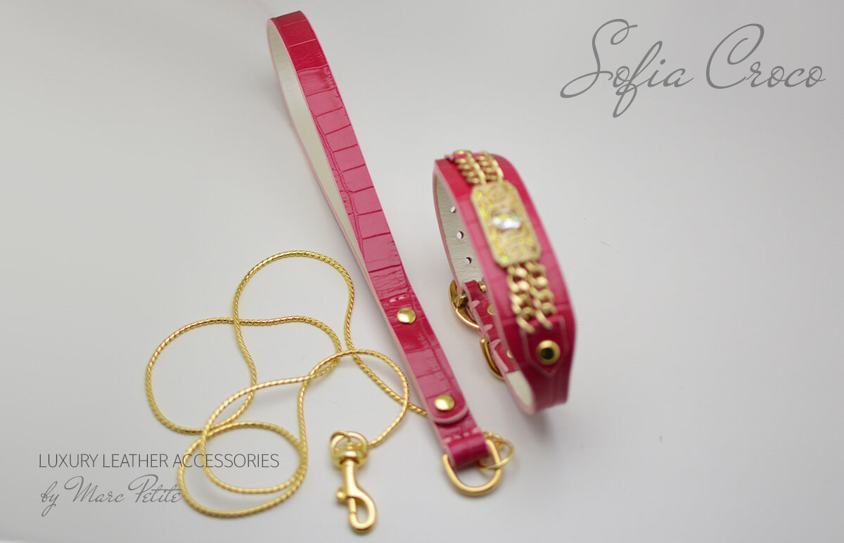 Pink, Roayl style Dog Collar & Leash in Croco leather
