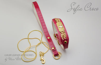 Pink, Roayl style Dog Collar & Leash in Croco leather