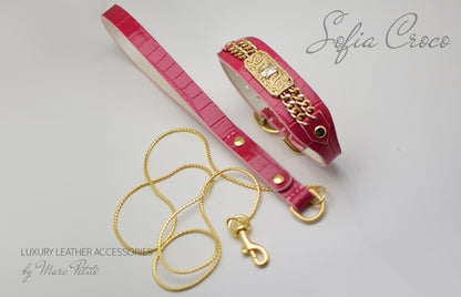 Pink, Roayl style Dog Collar & Leash in Croco leather