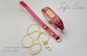 Pink, Roayl style Dog Collar & Leash in Croco leather