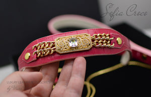 Pink, Roayl style Dog Collar & Leash in Croco leather