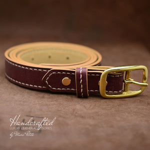 Made-to-order Burgundy  Leather Belt with Brass Buckle and Leather Stud