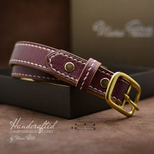 Charger l&#39;image dans la galerie, Awesome Burgundy  Leather Belt with Brass Buckle and Leather Stud