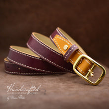 Load image into Gallery viewer, Handmade Burgundy Leather Belt with Yellow Mustard Insertion &amp; Brass Buckle