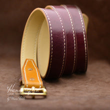 Load image into Gallery viewer, Custom made Burgundy Leather Belt with Yellow Mustard Insertion &amp; Brass Buckle