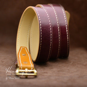 Custom made Burgundy Leather Belt with Yellow Mustard Insertion & Brass Buckle
