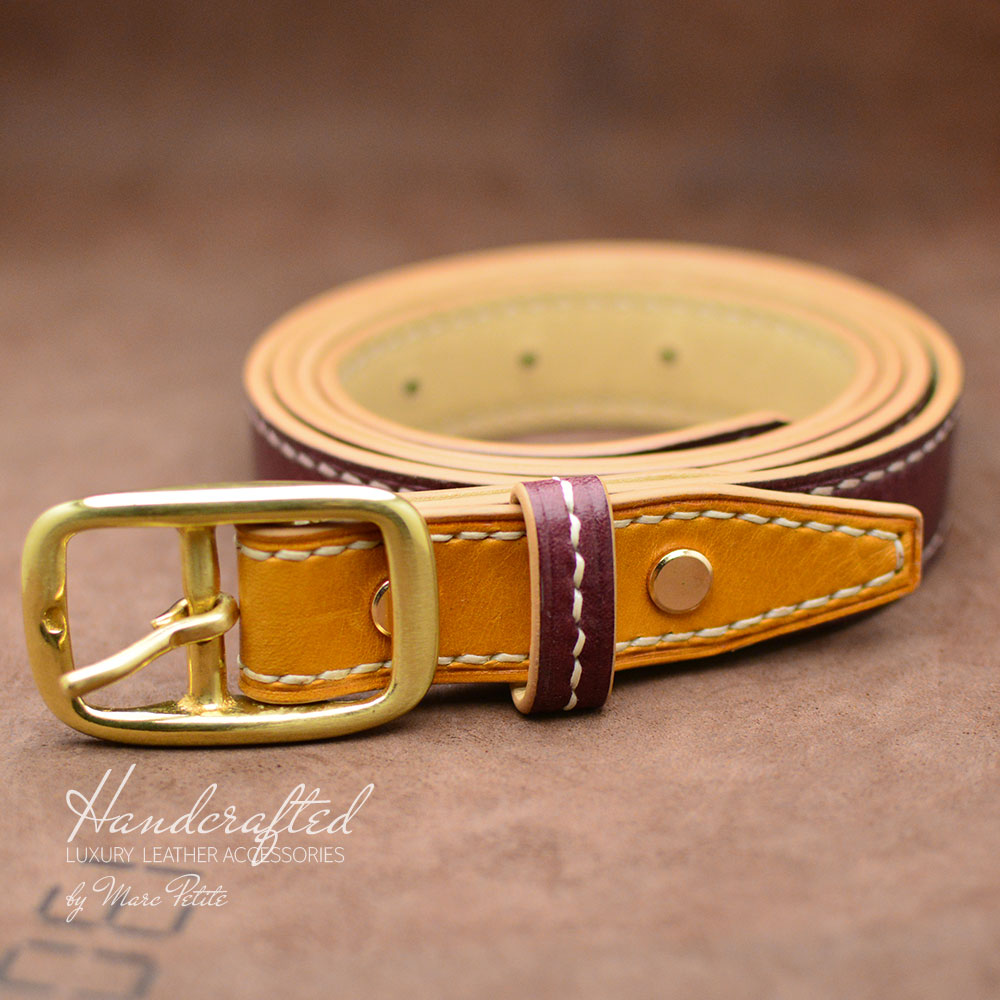 Burgundy Leather Belt with Yellow Mustard Insertion & Brass Buckle