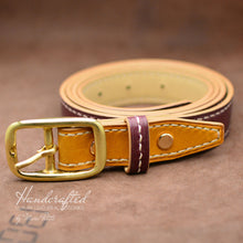 Charger l&#39;image dans la galerie, Burgundy Leather Belt with Yellow Mustard Insertion &amp; Brass Buckle