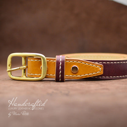 Burgundy Leather Belt with Yellow Mustard Insertion & Brass Buckle