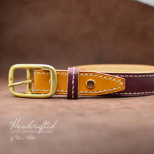 Load image into Gallery viewer, Burgundy Leather Belt with Yellow Mustard Insertion &amp; Brass Buckle