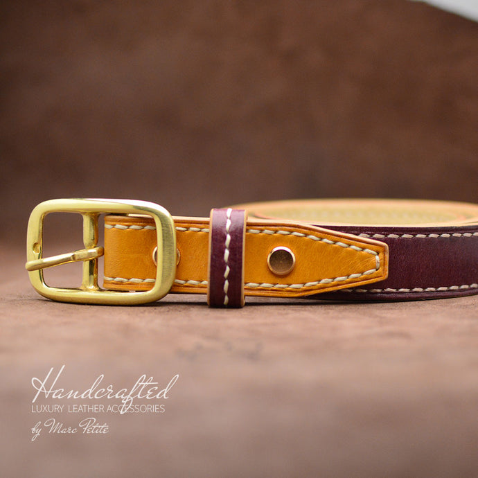 Burgundy Leather Belt with Yellow Mustard Insertion & Brass Buckle