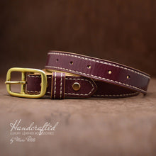 Charger l&#39;image dans la galerie, Handmade Burgundy  Leather Belt with Brass Buckle