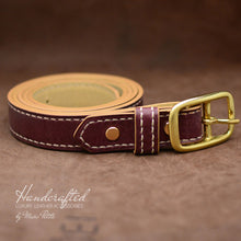 Load image into Gallery viewer, Hand Sewn Burgundy  Leather Belt with Brass Buckle