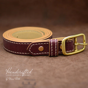 Hand Sewn Burgundy  Leather Belt with Brass Buckle