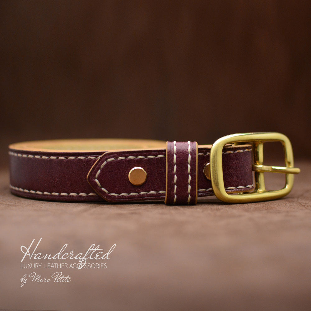 High-end Burgundy  Leather Belt with Brass Buckle