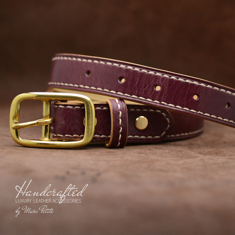 Burgundy  Leather Belt with Brass Buckle and Leather Stud