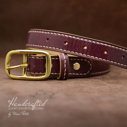 Burgundy  Leather Belt with Brass Buckle and Leather Stud