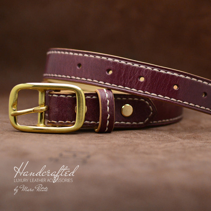Burgundy  Leather Belt with Brass Buckle and Leather Stud