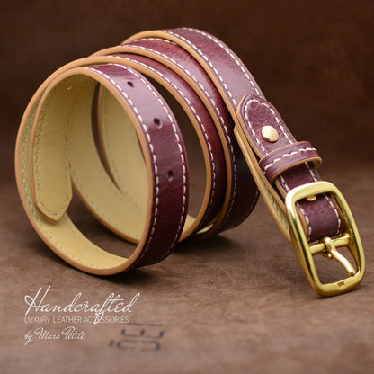 Handcrafted Burgundy  Leather Belt with Brass Buckle and Leather Stud