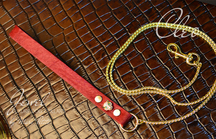 Luxury Dog Show Leash Red Fur Leather & Gold Plated Panthere & Snake Chain