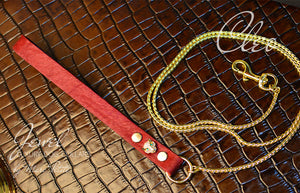 Read fur leather dog leash with chain