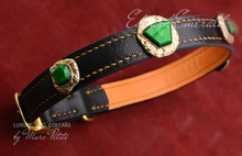 Load image into Gallery viewer, Royal Dog Collar in black leather and golden green stones