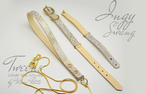 Golden Snake Grey and White Dog Collar + Leash + Bracelet
