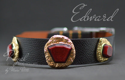 Elegant, black leather dog collar with golden jewels and red stone
