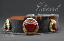 Load image into Gallery viewer, Elegant, black leather dog collar with golden jewels and red stone
