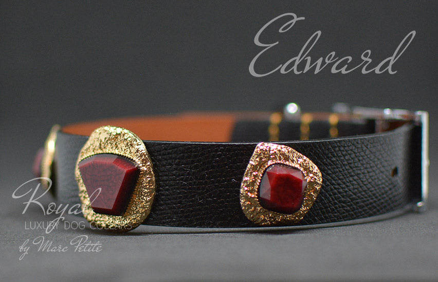 Elegant, black leather dog collar with golden jewels and red stone