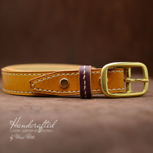 Load image into Gallery viewer, Yellow Mustard Leather Belt with Brass Buckle &amp; Thin Leather Burgundy Stud