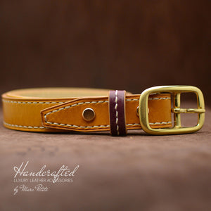 Yellow Mustard Leather Belt with Brass Buckle & Thin Leather Burgundy Stud
