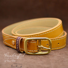 Load image into Gallery viewer, Custom made Yellow Mustard Leather Belt with Brass Buckle &amp; Thin Leather Burgundy Stud