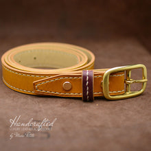 Charger l&#39;image dans la galerie, Handcrafted Yellow Mustard Leather Belt with Brass Buckle &amp; Thin Leather Burgundy Stud