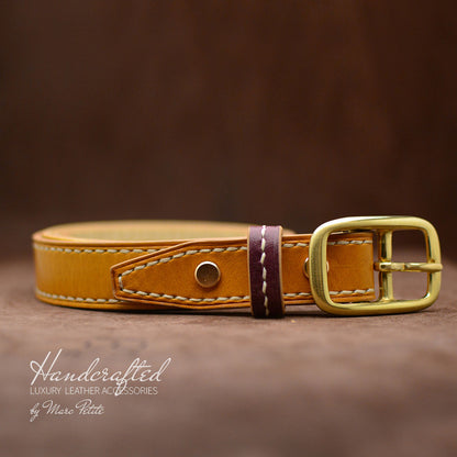 Handmade Yellow Mustard Leather Belt with Brass Buckle & Thin Leather Burgundy Stud