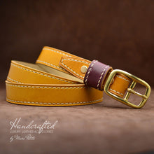 Charger l&#39;image dans la galerie, Yellow Mustard Leather Belt with Brass Buckle &amp; Large Leather Burgundy Stud