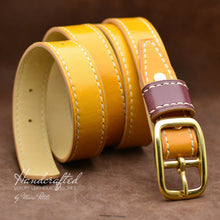 Charger l&#39;image dans la galerie, Handmade Yellow Mustard Leather Belt with Brass Buckle &amp; Large Leather Burgundy Stud