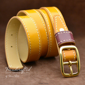 Handmade Yellow Mustard Leather Belt with Brass Buckle & Large Leather Burgundy Stud