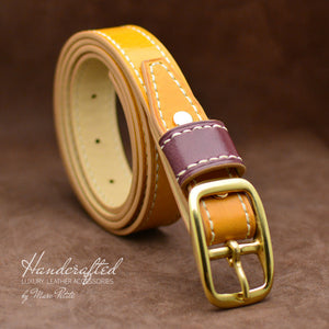 Handcrafted Yellow Mustard Leather Belt with Brass Buckle & Large Leather Burgundy Stud